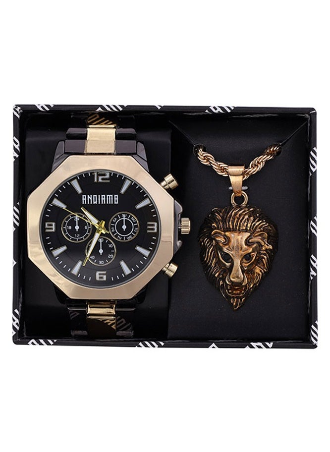 ANDIAMO Men's Analog Black & Rose Gold Case Black Metal Strap Set Watch 