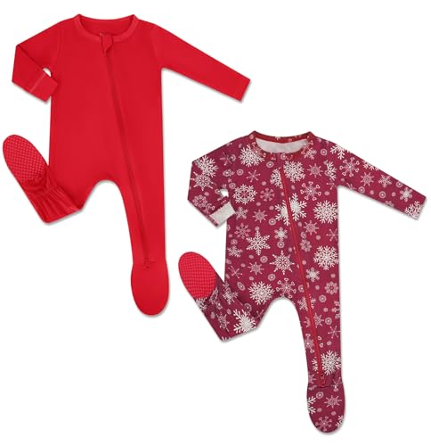 HAPIU Rayon from Bamboo Baby Footed Pajamas 2 Way Premium Zipper Footie for Baby Boy Girls Newborn24 Months 2Pack Christmas Molten Lava 36 Months - Image 1