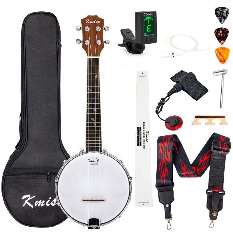 Kmise Banjolele 4 String Banjo Ukulele Concert 23 Inch with Skull Sound Point Inlay Tuner Strap Bag Strings Pickup Picks Ruler Wrench Bridge