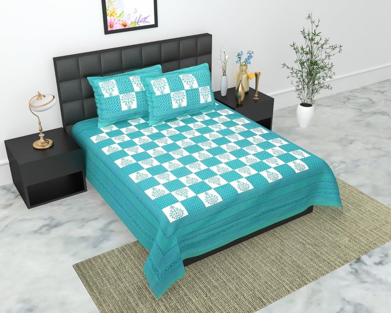 DE CAMA Since 1997 | 100% Cotton 300 TC Premium Double Size Bedsheet for Double Bed (90 x 100 Inch) with 2 Pillow Covers Set (17 x 27 Inch) Designer Printed Bedsheet Set - Floral Green - Image 5