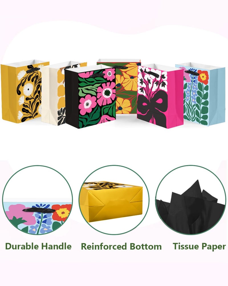 qiqee 7.9"x4.3"x9.6" 6PCS Blooming Flowers Paper Gift Bags with Tissue Paper Handles Medium Sizeï¼ˆ6pcs Bags +12pcs Tissue Paper ï¼‰ - Image 3