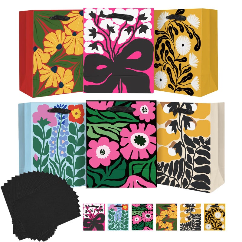 qiqee 7.9"x4.3"x9.6" 6PCS Blooming Flowers Paper Gift Bags with Tissue Paper Handles Medium Sizeï¼ˆ6pcs Bags +12pcs Tissue Paper ï¼‰ - Image 1