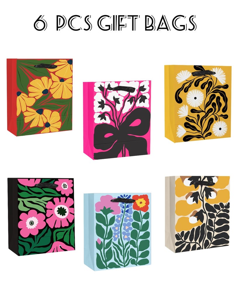 qiqee 7.9"x4.3"x9.6" 6PCS Blooming Flowers Paper Gift Bags with Tissue Paper Handles Medium Sizeï¼ˆ6pcs Bags +12pcs Tissue Paper ï¼‰ - Image 2