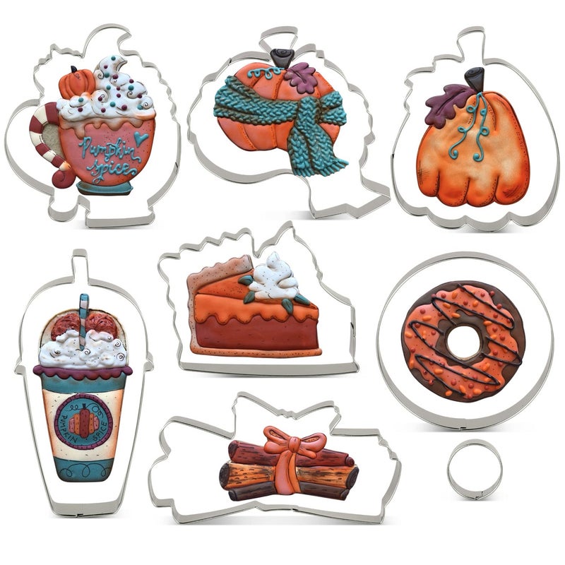 LILIAO Fall Cookie Cutter Set  8-pc  Pumpkin  Latte Coffe Cup  Coffe Mug  Pie Slice  Donuts and Cinnamon  Stainless Steel - Image 1
