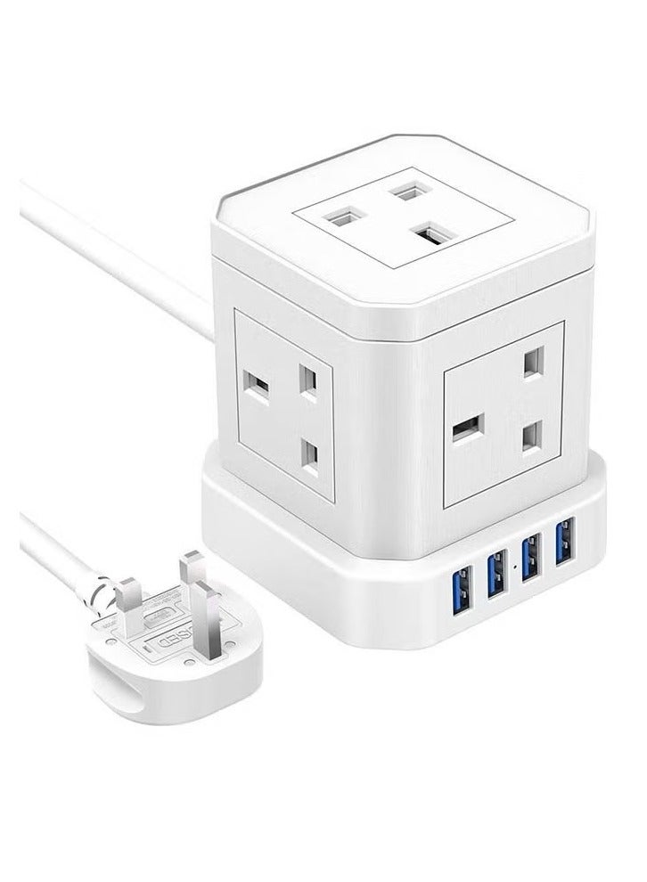 Hihonor Power Extension Cord, Magic Square Socket, 5 Power with 4 USB Charger, Office Supplies Protection Extension Cord, Flame Retardant Multi-plug Tower, Switch Power Strip, for Home and Office 3250W/ 220V /13 A (White) - Image 1
