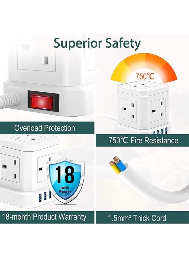 Hihonor Power Extension Cord, Magic Square Socket, 5 Power with 4 USB Charger, Office Supplies Protection Extension Cord, Flame Retardant Multi-plug Tower, Switch Power Strip, for Home and Office 3250W/ 220V /13 A (White) - Image 2