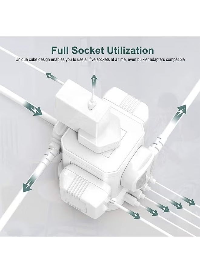 Hihonor Power Extension Cord, Magic Square Socket, 5 Power with 4 USB Charger, Office Supplies Protection Extension Cord, Flame Retardant Multi-plug Tower, Switch Power Strip, for Home and Office 3250W/ 220V /13 A (White) - Image 3