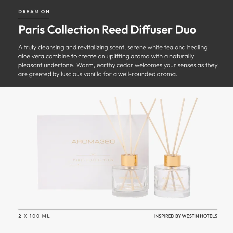 Aroma360  Dream On - Paris Collection Reed Diffuser Duo - Luxury Aromatherapy Diffuser - Hints of Bright White Tea, Sweet Vanilla, & Cedar - Essential Oil Diffusers  | Best Price UAE