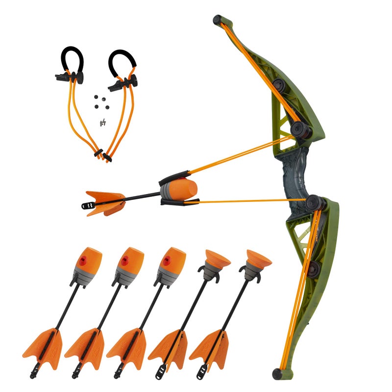 Zing Air Hunterz Z-Curve Bow Pack, 1 Green Bow, 4 Orange Zonic Whistle and 2 Orange Suction Cup Arrows and 1 Bungee, Shoots Up to 200 Feet - Image 1