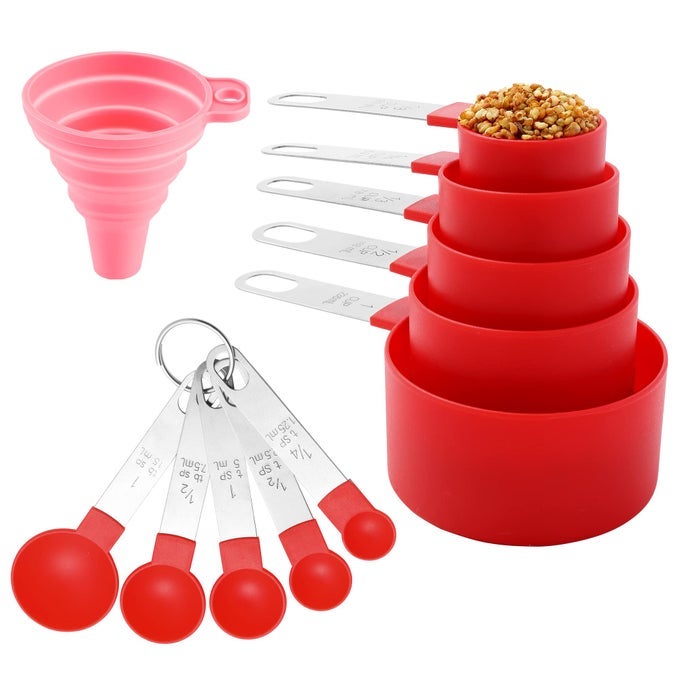MEASURING CUPS AND SPOONS SET OF KITCHEN GADGETS 10 PIECES STACKABLE STAINLESS STEEL HANDLE MEASURING CUPS FOR MEASURING DRY AND LIQUID INGREDIENT RED
