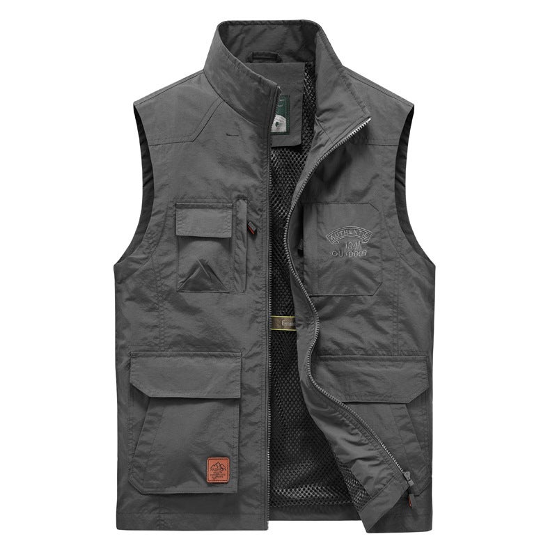 Generic New plus size Old Age Multi-bag Tooling Vest Youth Vest Mens Middle-aged Mens Overalls Youth Outdoor Fishing Dark gray