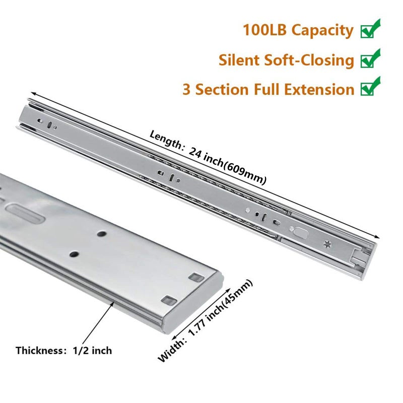 LONTAN 24 Inch Soft Close Drawer Slides 5 Pairs Side Mount Heavy Duty Cabinet Drawer Glides Ball Bearing Full Extension Kitchen Cabinet Rails 100 LB Capacity - Image 2
