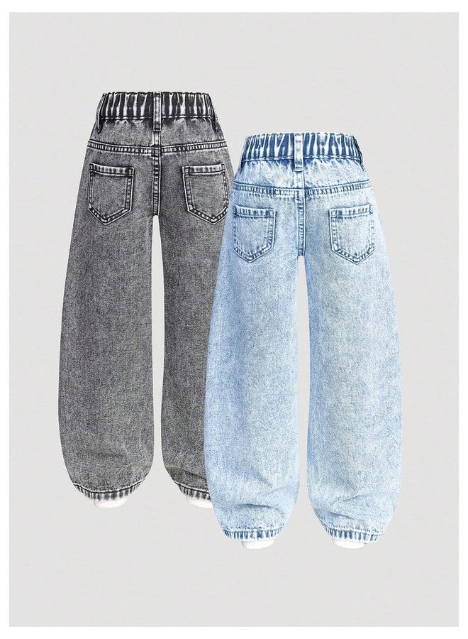WDIRARA Toddler Girl's 2 Pack Jeans Straight Leg Baggy Denim Pants Grey&Blue 5Y - Image 2