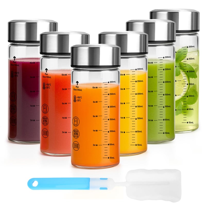 Luxfuel 12 oz Glass Juice Bottles with Lids - 6 Pack Wide Mouth Borosilicate Glass Water Bottles with Stainless Steel Lids for Juicing, Smoothies, Infused Water, Milk, Leakproof & Reusable, BPA-Free - Image 1