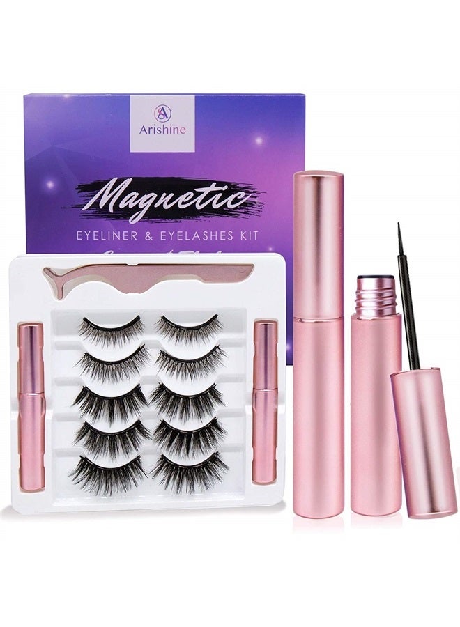 Arishine Magnetic Eyelashes with Eyeliner Kit: Natural Looking 3D & 5D Magnetic Lashes with Applicator, Reusable, No Glue Needed, Strong Waterproof Liquid Eyeliner - Best Fake Eyelash Set for Women - Image 1