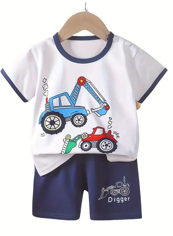 Boys Summer Short sleeve T-shirt two-piece set,Cartoon Engineering Vehicle Excavator Printed Short Sleeve and Shorts,Two Piece set,Boy T-Shirt Set - Image 1