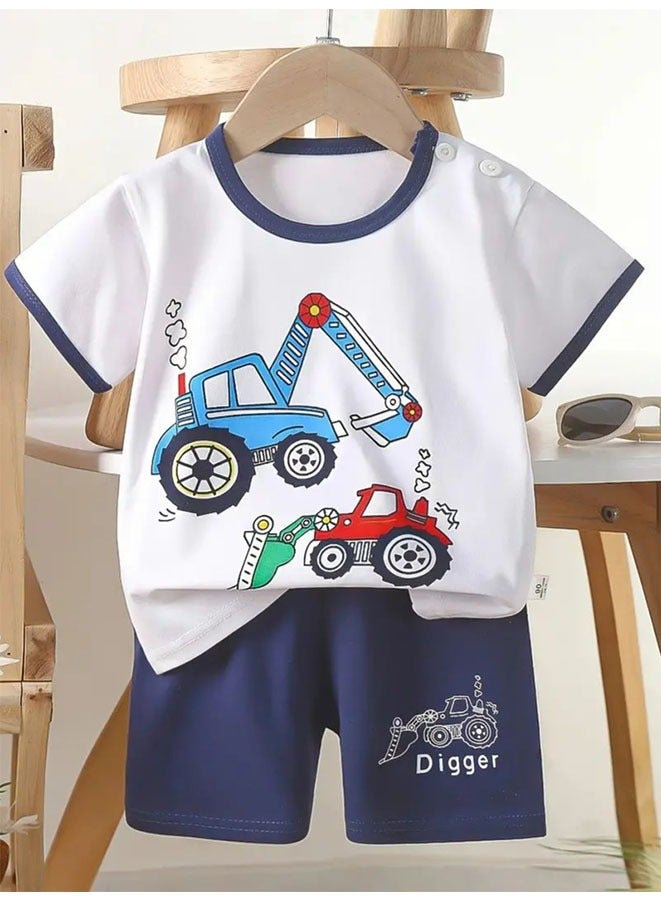 Boys Summer Short sleeve T-shirt two-piece set,Cartoon Engineering Vehicle Excavator Printed Short Sleeve and Shorts,Two Piece set,Boy T-Shirt Set - Image 3
