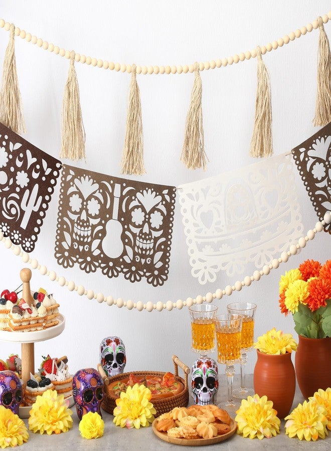 RoundFunny 3 Pack 23 ft Day of the Dead Garland Neutral Wood Bead Felt Dia De Los Muertos Decorations for Altar Day of the Dead Banners for Home Mantel Door Window Indoor Mexican Fiesta Party Supplies - Image 1