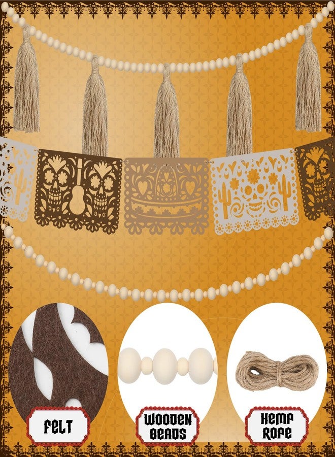 RoundFunny 3 Pack 23 ft Day of the Dead Garland Neutral Wood Bead Felt Dia De Los Muertos Decorations for Altar Day of the Dead Banners for Home Mantel Door Window Indoor Mexican Fiesta Party Supplies - Image 3