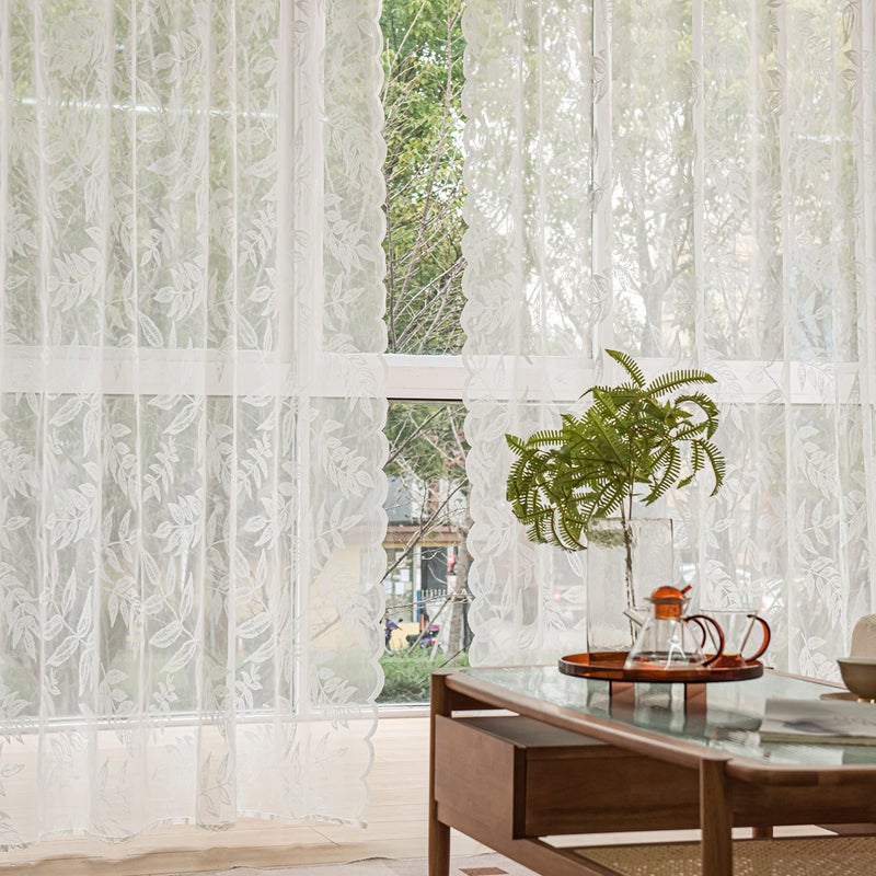 Sutuo Home White Lace Curtains 84 Inches Long, Leaf Embroidery Window Sheer Drapes Pair Knitted, Rod Pocket Vintage Country Window Treatments Set of 2 Panels for Bedroom Living Room, 57" W x 84" L - Image 3