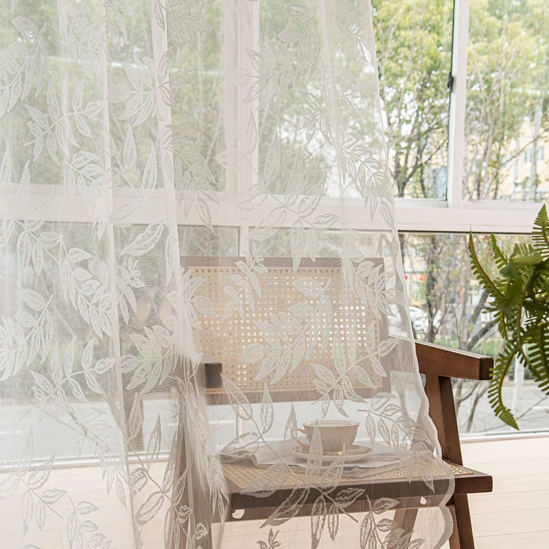 Sutuo Home White Lace Curtains 84 Inches Long, Leaf Embroidery Window Sheer Drapes Pair Knitted, Rod Pocket Vintage Country Window Treatments Set of 2 Panels for Bedroom Living Room, 57" W x 84" L - Image 1
