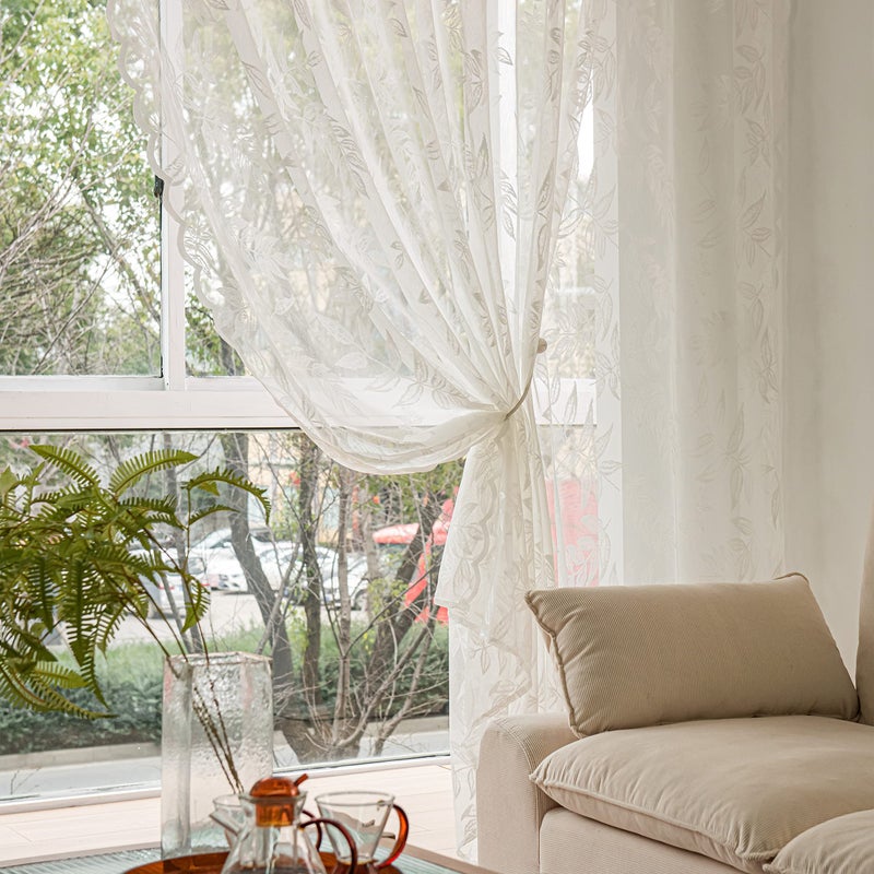 Sutuo Home White Lace Curtains 84 Inches Long, Leaf Embroidery Window Sheer Drapes Pair Knitted, Rod Pocket Vintage Country Window Treatments Set of 2 Panels for Bedroom Living Room, 57" W x 84" L - Image 5
