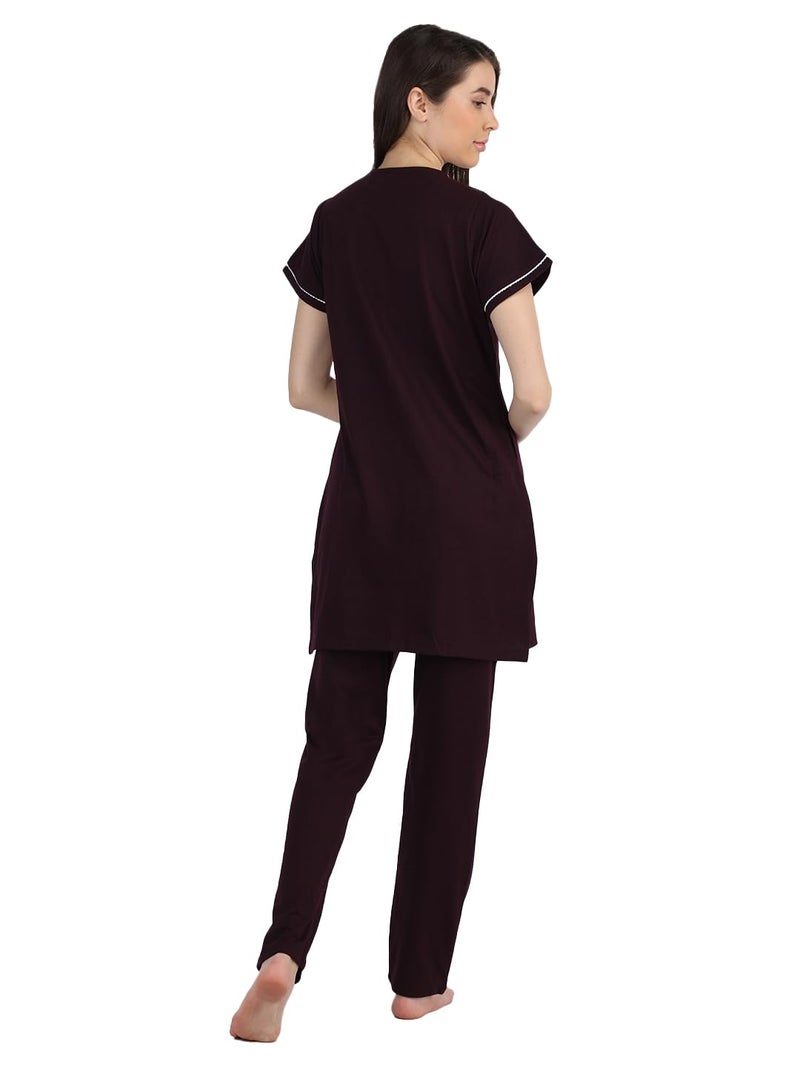 Duchess Women's Cotton Embroided Long Length Night Suit Set, Wine, XL - Image 3