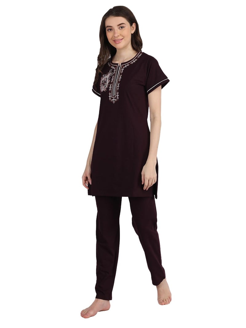 Duchess Women's Cotton Embroided Long Length Night Suit Set, Wine, XL - Image 5