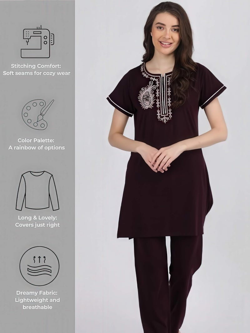 Duchess Women's Cotton Embroided Long Length Night Suit Set, Wine, XL - Image 4