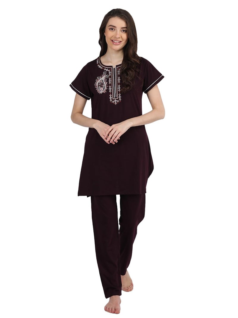Duchess Women's Cotton Embroided Long Length Night Suit Set, Wine, XL - Image 1