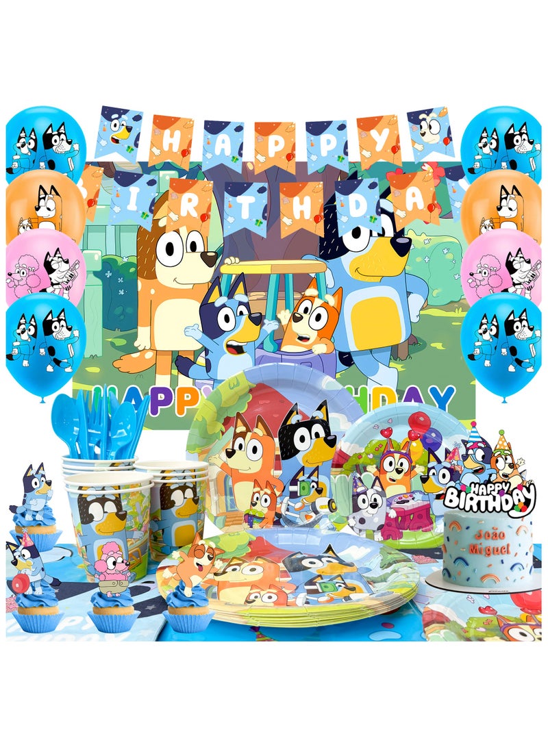 ILovhaprty Bluey Birthday Decorations, 98Pcs Bluey Party Decorations & Bluey Tableware Sets - Bluey Birthday Plates, Napkins and Bluey Balloon Backdrops Cake Decorations and Other Bluey Birthday Party Supplies - Image 1