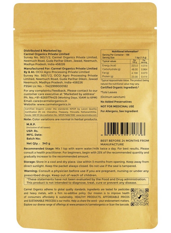 CARMEL ORGANICS CARMEL ORGANICS Tulsi Leaves Powder (340 Grams)| Jaivik Bharat Certified | Holy Basil Powder For Health, Skin & Hair| Non GMO | No Added Preservative | Thulasi Podi/Tulasi Podi/Tulasi Hudi  - Image 2
