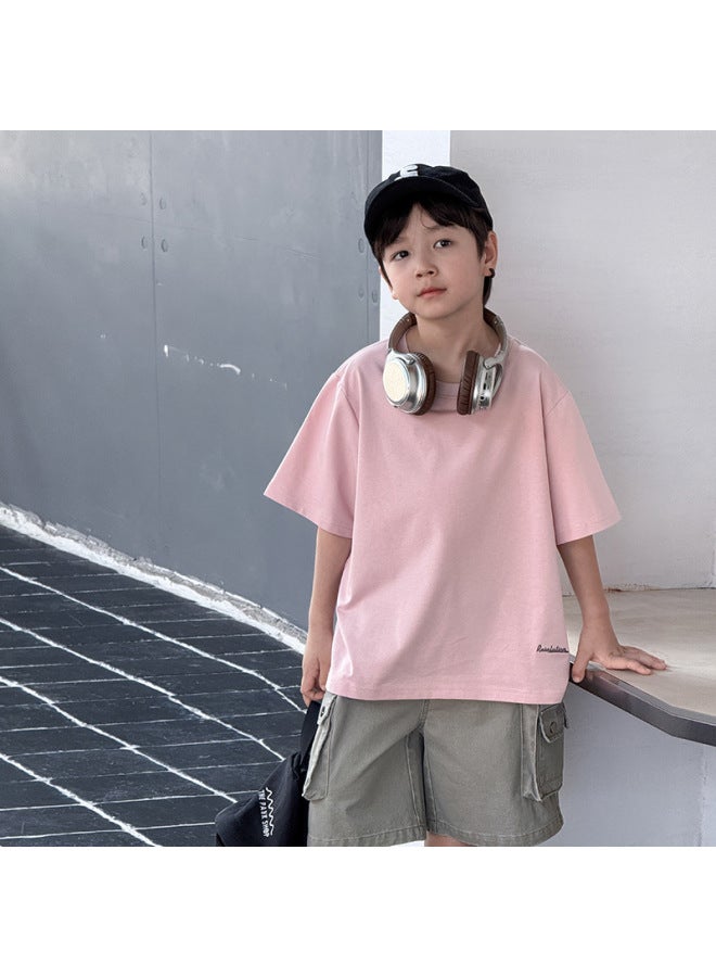 Children's Embroidered Short-sleeved T-shirt 2025 Summer Loose Cool Top For Boys And Girls Solid Color Sweatshirt Trendy - Image 1