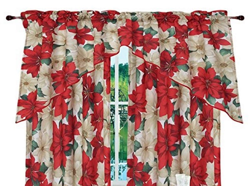 Violet Linen Decorative Christmas Printed Poinsettia Floral Design 3 Piece Kitchen Curtain Set