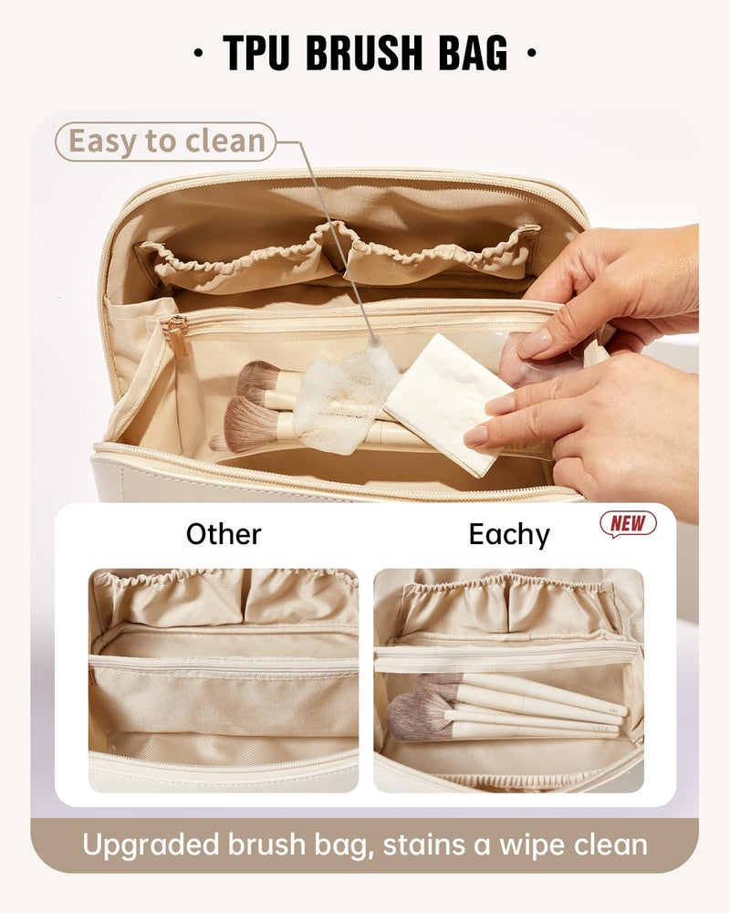 EACHY حقيبة مكياج سفر EACHY، حقائب تجميل بسعة كبيرة للنساء، حقيبة أدوات تجميل محمولة مقاومة للماء تفتح بشكل مسطح مع فاصل ومقبض، هدايا للنساء (أبيض، كبير) - Image 4