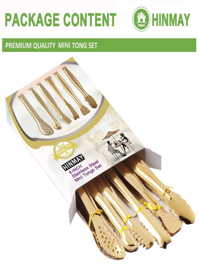 HINMAY Gold Plated Mini Serving Tongs Set 6-Inch Appetizers Tongs Stainless Steel Small Sugar Cube Tongs Ice Tongs, Set of 6 - Image 2