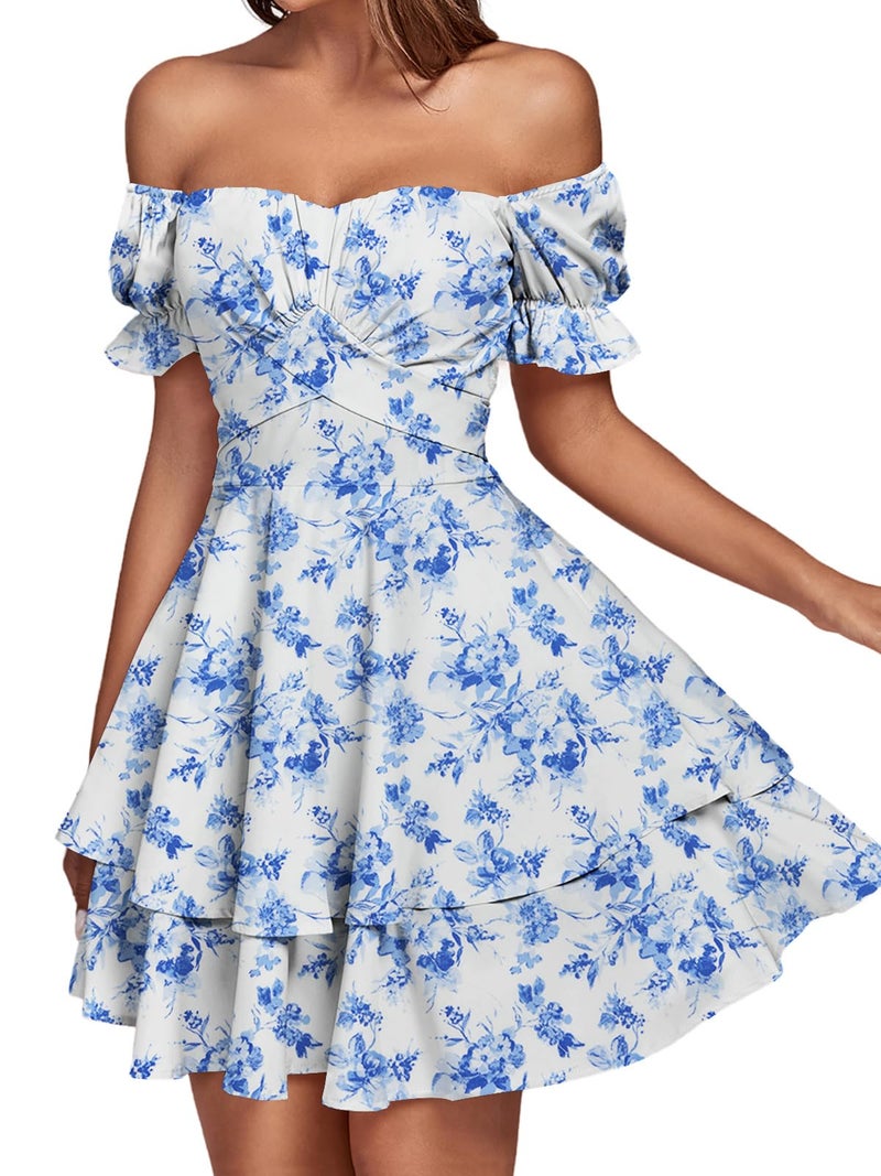 LYANER Women's Off Shoulder Tie Back Wrap Layer Ruffle Short Sleeve Mini Dress Blue White Print Small - Image 3