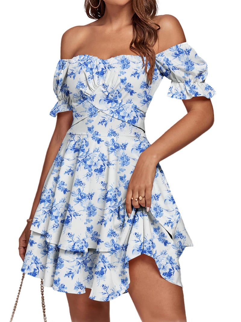 LYANER Women's Off Shoulder Tie Back Wrap Layer Ruffle Short Sleeve Mini Dress Blue White Print Small - Image 1
