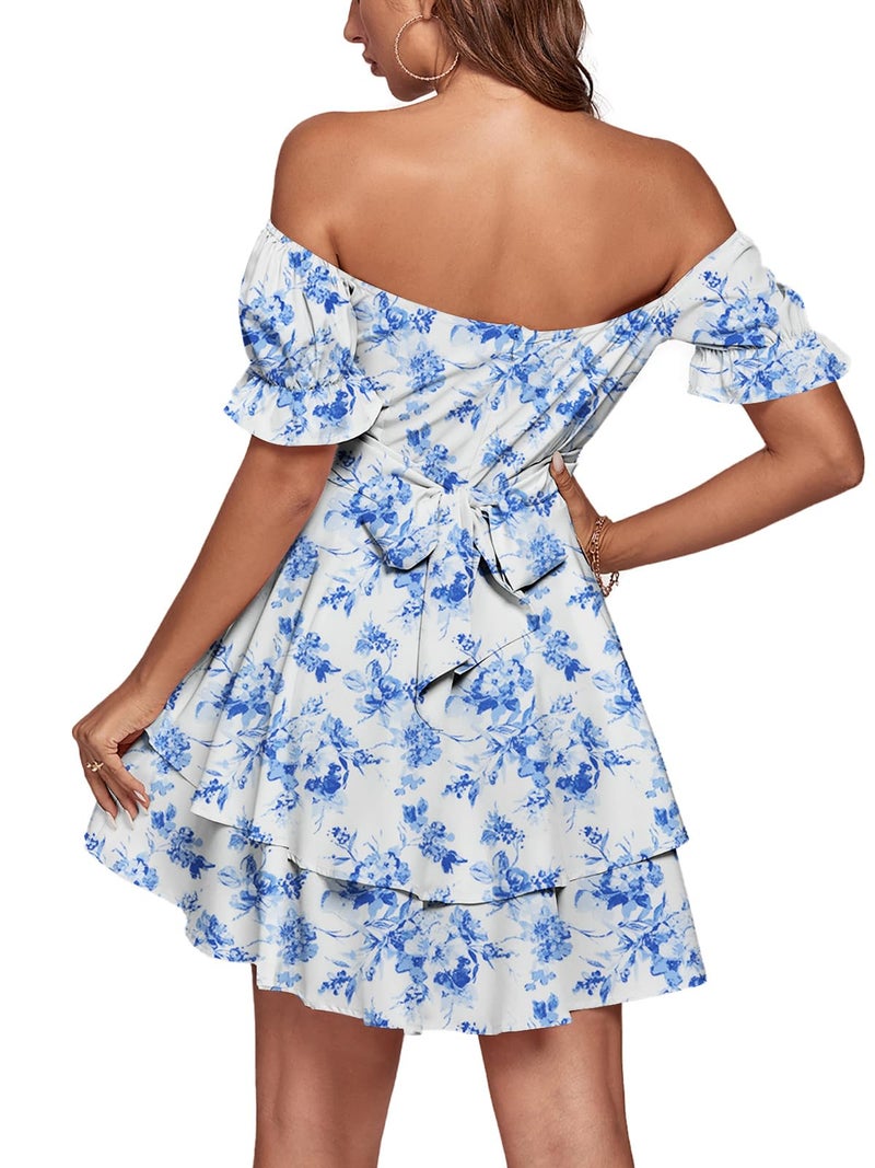 LYANER Women's Off Shoulder Tie Back Wrap Layer Ruffle Short Sleeve Mini Dress Blue White Print Small - Image 2