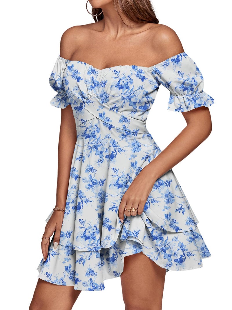 LYANER Women's Off Shoulder Tie Back Wrap Layer Ruffle Short Sleeve Mini Dress Blue White Print Small - Image 4
