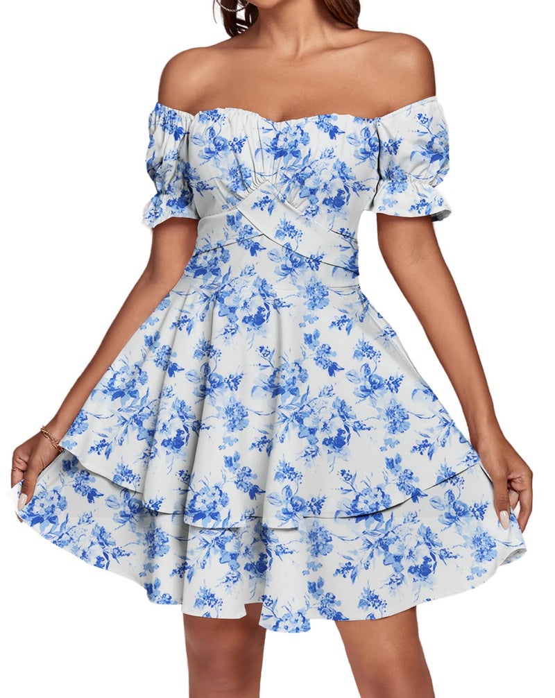 LYANER Women's Off Shoulder Tie Back Wrap Layer Ruffle Short Sleeve Mini Dress Blue White Print Small - Image 5