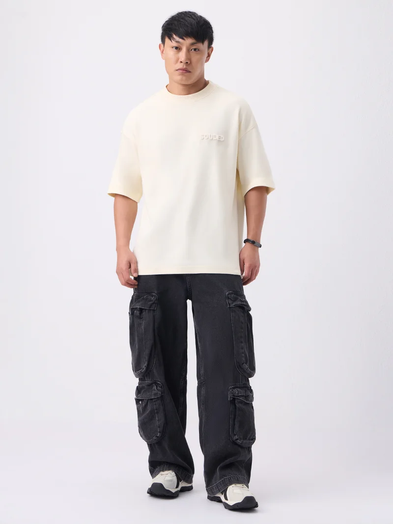 The Souled Store  The Souled Store Super-Oversized Tee: Caffeine Men and Boys Short Sleeves Round Neck Cream Solid Embossed Logo Super Oversized T-Shirts  | Best Price UAE