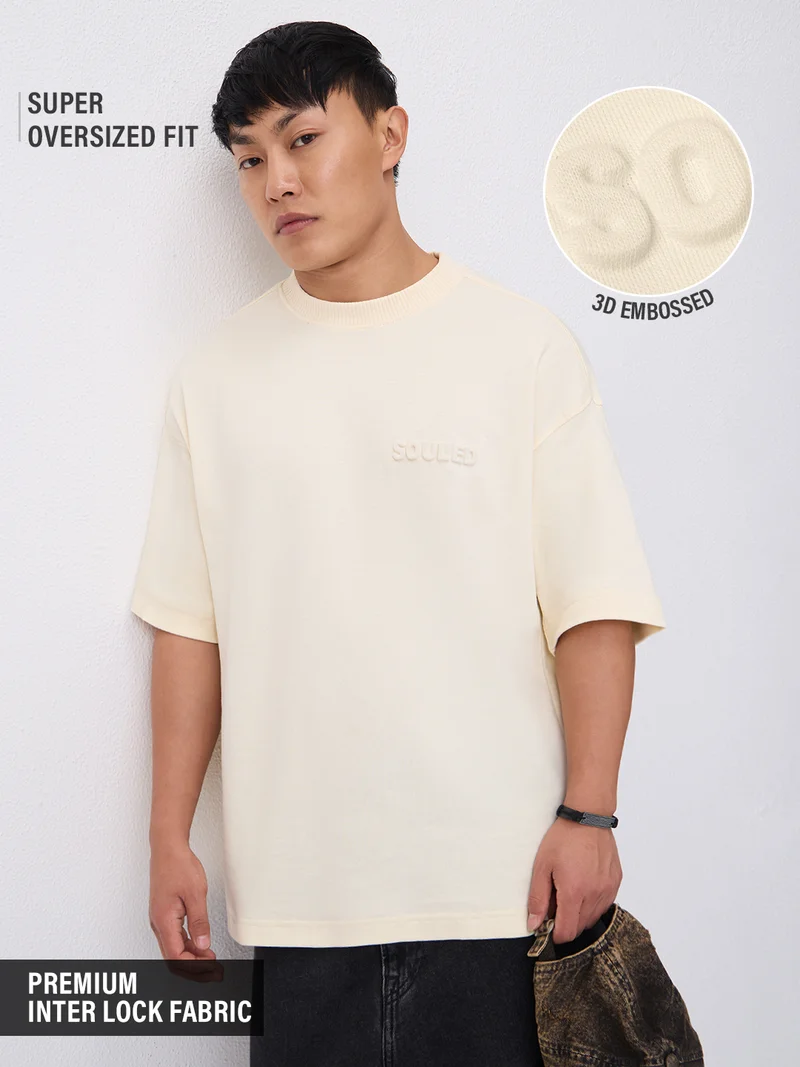 The Souled Store Super-Oversized Tee: Caffeine Men and Boys Short Sleeves Round Neck Cream Solid Embossed Logo Super Oversized T-Shirts