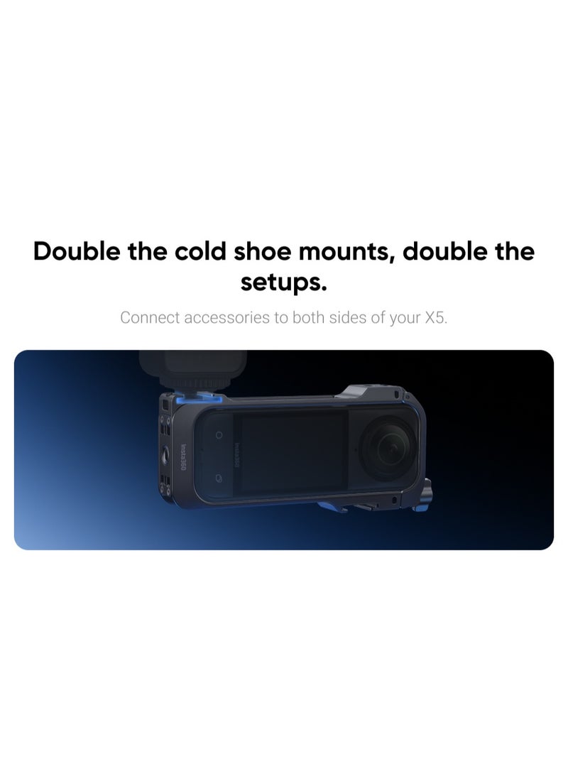 Insta360 X5 Utility Frame | Protective Metal frame for X5's Lenses & body, Quick Release Mounting Point, 2x Cold Shoe Mounts, 2x 1/4" ports, Vertical or Horizontal Mounting w/ Mic Windshields - Black  - Image 5