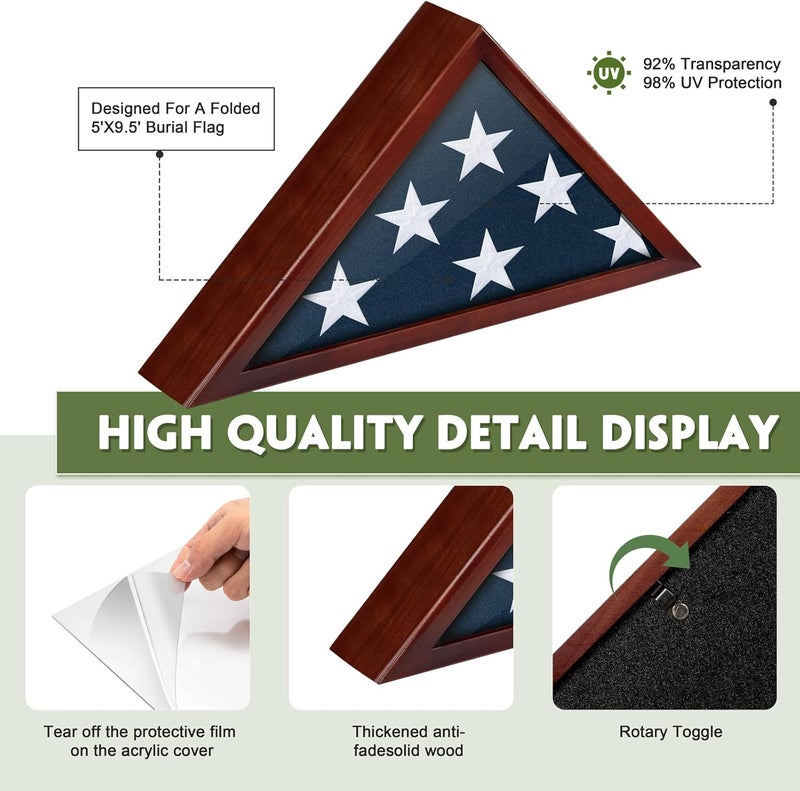 DANF FLAG Flag Case for Burial Flag, 5' x 9.5' Funeral Flag Display Case Red Wood Memorial Flag Shadow Box for Military Veterans with Acrylic Covered and Wall Mounted - Image 3