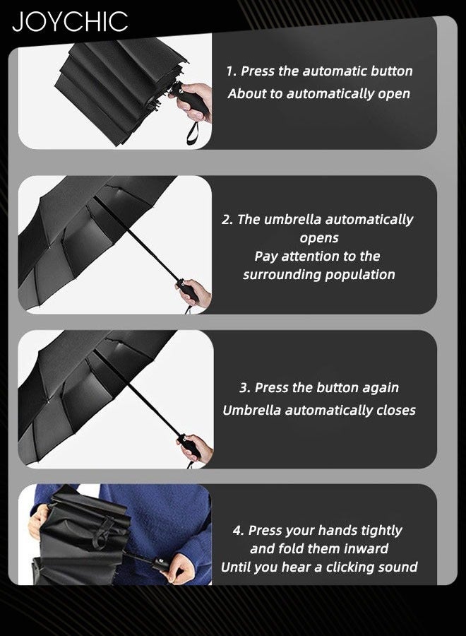 Joychic مظلة سفر قوية كبيرة الحجم تفتح وتغلق تلقائيًا ضد أشعة الشمس والرياح والمطر للرجال والنساء والبالغين، باللون الأسود - Image 4