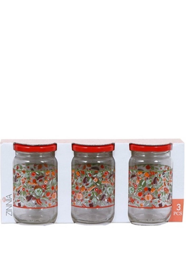 Zinnia Vegetables 3 Pieces Set Glass Jar 370 Ml Red Lid Decorated With Modern Colors  - Image 1