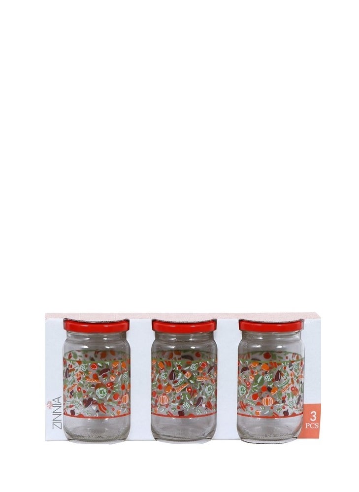 Zinnia Vegetables 3 Pieces Set Glass Jar 370 Ml Red Lid Decorated With Modern Colors  - Image 2