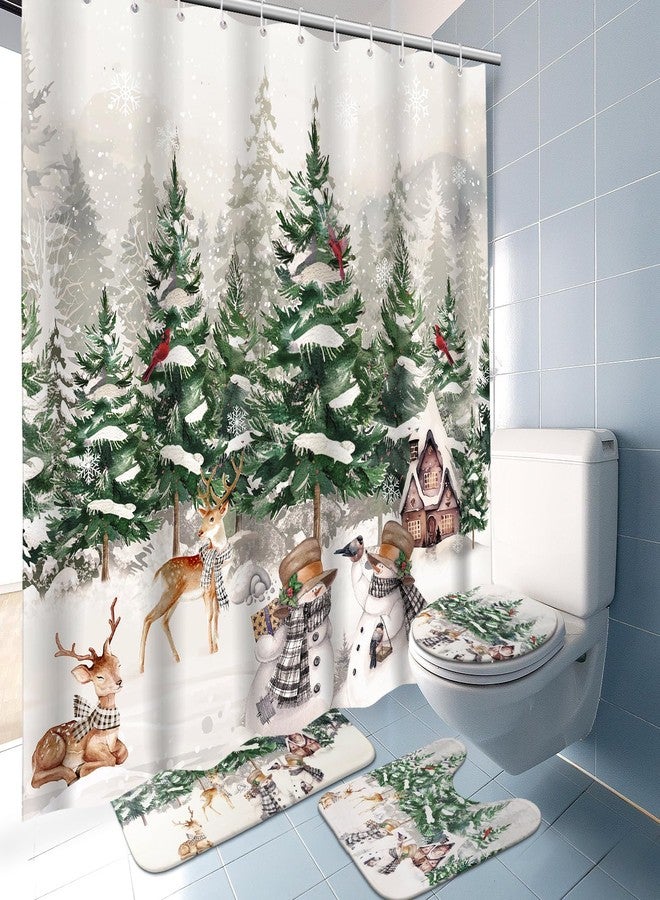Harrycle 4 Pcs Christmas Shower Curtain Set for Bathroom Farmhouse Winter Vintage Shower Curtain with 12 Hook Rustic Bathroom Non Slip Rug Toilet Lid Cover, 70.8 x 70.8'' Waterproof(Forest Style) - Image 1