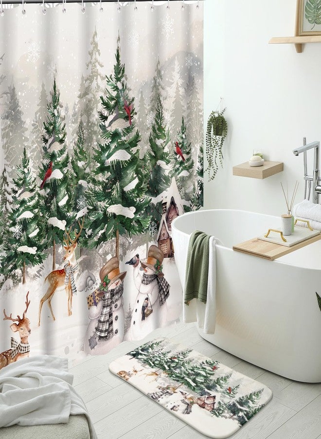 Harrycle 4 Pcs Christmas Shower Curtain Set for Bathroom Farmhouse Winter Vintage Shower Curtain with 12 Hook Rustic Bathroom Non Slip Rug Toilet Lid Cover, 70.8 x 70.8'' Waterproof(Forest Style) - Image 4
